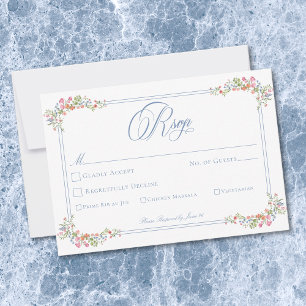 Cartão RSVP Elegante Fronteira de Flor Silvestre Pastel Azul C