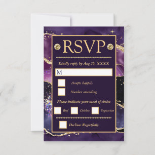 Cartão RSVP Elegante Glitter de Ouro e Ágata Roxa Casamento