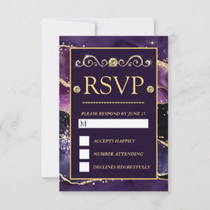 Cartão RSVP Elegante Glitter de Ouro e Pedra de Ágata Roxa Cas