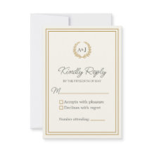 Elegante Ivory Dourado Monograma Laurel Wreath Wed