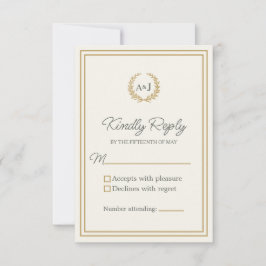 Cartão RSVP Elegante Ivory Dourado Monograma Laurel Wreath Wed