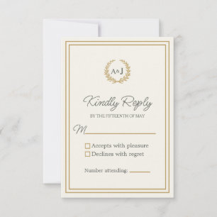 Cartão RSVP Elegante Ivory Dourado Monograma Laurel Wreath Wed