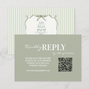 Cartão RSVP Elegante Laço Verde-Salvia e Listras Casamento