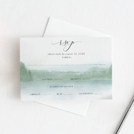 Cartão RSVP Elegante Lago e Árvores Aquarela Suave Casamento R
