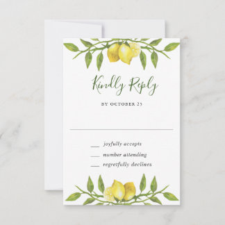 Cartão RSVP Elegante Lemons Watercolor Casamento Verde