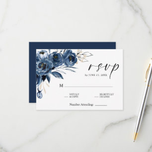 Cartão RSVP Elegante Letra Manuscrita Casamento Floral Azul