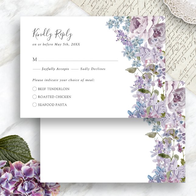 Cartão RSVP Elegante Lilac Wedding (Elegant Watercolor Lilac Floral Wedding RSVP Card by Painted Paperie
)
