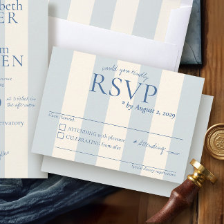 Cartão RSVP Elegante Listras Azul Poeirento Old Money Chic Cas