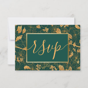 Cartão RSVP Elegante Magnífico Folhas Esmeralda Verde e Dourad