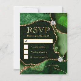 Cartão RSVP Elegante Mármore Ágata Verde e Dourado Falso Brilh