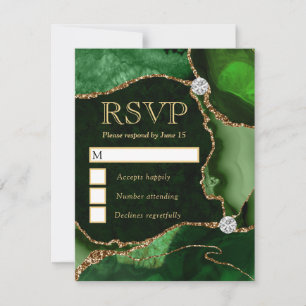 Cartão RSVP Elegante Mármore Ágata Verde e Dourado Falso Brilh