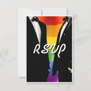 Cartão RSVP Elegante Modern Gay Men Casando Rainbow