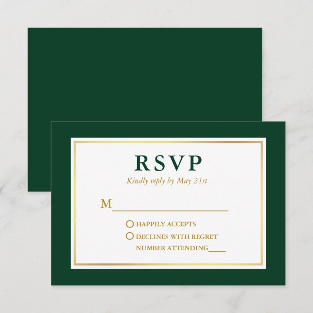 Cartão RSVP Elegante moderno Emerald Green White Dourado (Frente/Verso)