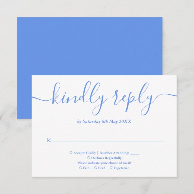 Cartão RSVP Elegante Moderno Script Azul Centáurea (Frente/Verso)