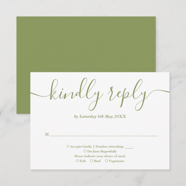 Cartão RSVP Elegante Moderno Script em Verde Musgo (Frente/Verso)
