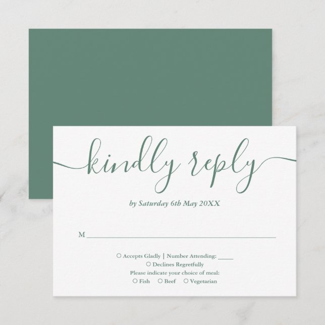 Cartão RSVP Elegante Moderno Script Verde Eucalipto (Frente/Verso)