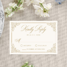 Cartão RSVP Elegante Moldura Dourada Vintage Ornata Casamento