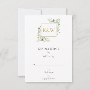 Cartão RSVP Elegante Monograma de Aquarela de Folhagens para C