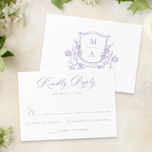 Cartão RSVP Elegante Monograma de Crista Floral Roxa Casamento