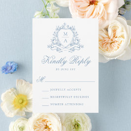 Cartão RSVP Elegante Monograma de Floral Azul com Crista para 