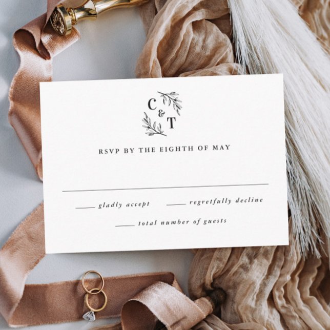 Cartão RSVP Elegante Monograma Greenery deixa casamento (Elegant Wedding Monogram Black and White Wedding Invitation RSVP Card.)