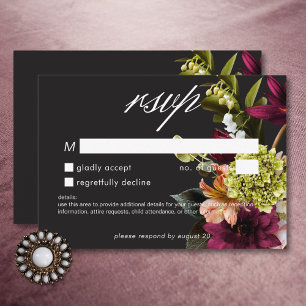 Cartão RSVP Elegante Moody Burgundy e Floral Rosa Sem Janta