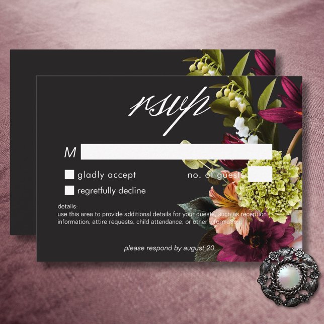 Cartão RSVP Elegante Moody Burgundy e Floral Rosa Sem Janta (Elegant Moody Burgundy & Pink Floral No Dinner RSVP Card)