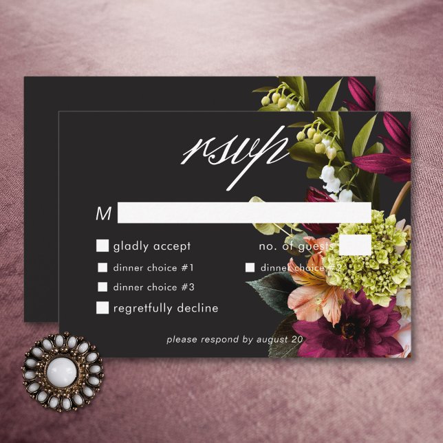 Cartão RSVP Elegante Moody Burgundy e Janta Floral Rosa (Elegant Moody Burgundy & Pink Floral Dinner RSVP Card)