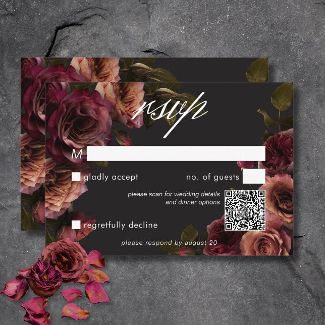 Cartão RSVP Elegante Moody Muody Rust & Burgundy Floral Código (Elegant Moody Muted Rust & Burgundy Floral QR Code RSVP Card)