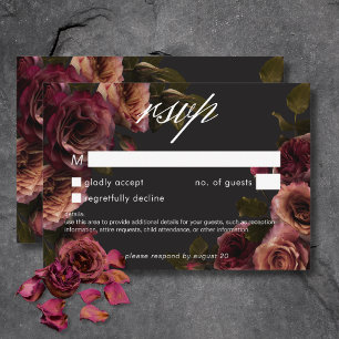 Cartão RSVP Elegante Moody Rust Burgundy Floral No Janta