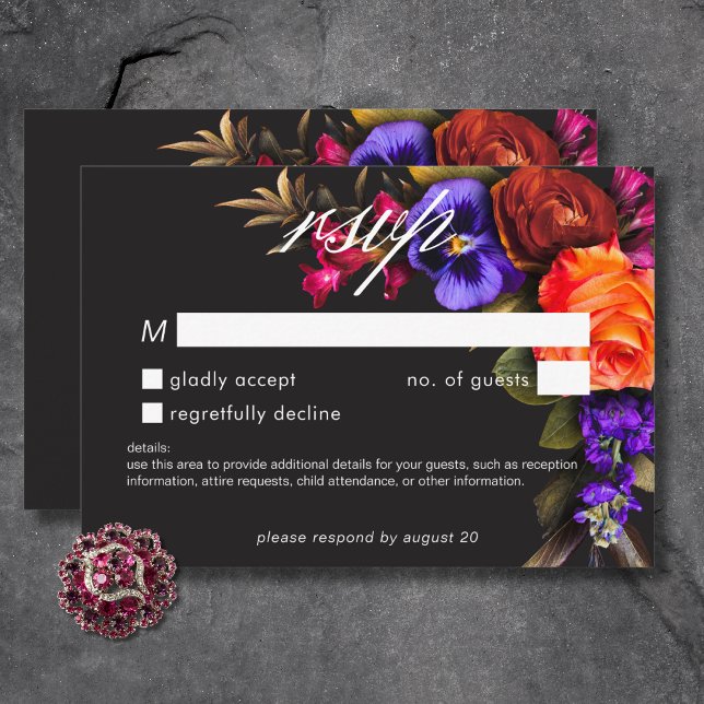 Cartão RSVP Elegante Moody Vibrant Sunset Floral No Janta (Elegant Moody Vibrant Sunset Floral No Dinner RSVP Card)