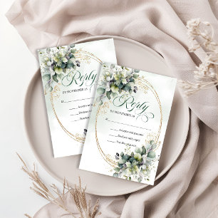 Cartão RSVP Elegante Natureza Boho Casamento Verde e Dourado R