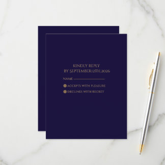 Cartão RSVP Elegante Navy & Gold Art Déco Personalizado 