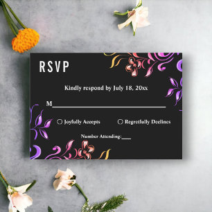 Cartão RSVP Elegante Neon Lights Rosa Casamento Floral Negro