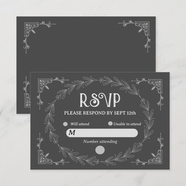 Cartão RSVP Elegante Noir Deco | Casamento Negro e Branco (Frente/Verso)
