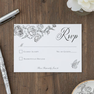Cartão RSVP Elegante Noiva com Chinoiserie Preta e Brasão de A