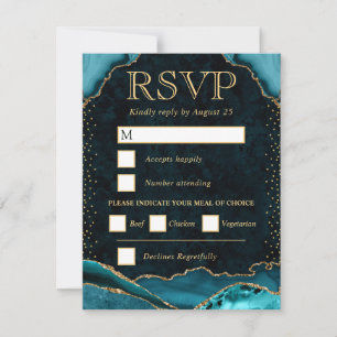 Cartão RSVP Elegante Noiva de Ágata Falsa Brilho Azul Turquesa