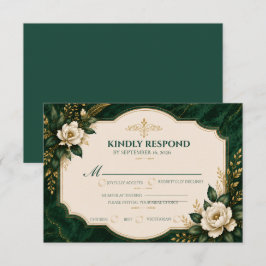 Cartão RSVP Elegante Noiva Floral Esmeralda Verde Dourado Márm