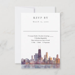 Cartão RSVP Elegante Noivado Aquarela da Silhueta de Chicago