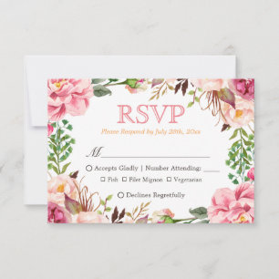 Cartão RSVP Elegante - Opções de Refeições Florais de Rosa