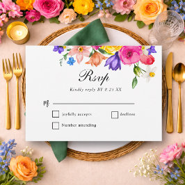 Cartão RSVP Elegante Ousado Colorido Casamento Floral Aquarela