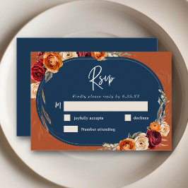 Cartão RSVP Elegante outono laranja naval floral casamento