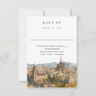 Cartão RSVP Elegante Paisagem Urbana de Barcelona em Aquarela