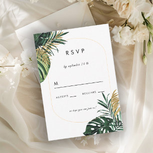 Cartão RSVP Elegante, Palma Verde, Borda Dourada (Imitação)