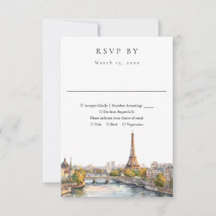 Cartão RSVP Elegante Paris França Casamento Aquarela