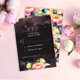 Cartão RSVP Elegante Peony Watercolor em preto | Casamento