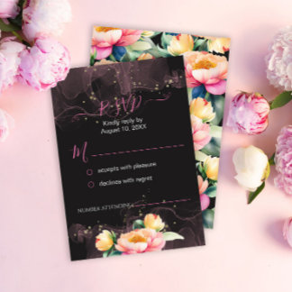 Cartão RSVP Elegante Peony Watercolor em preto | Casamento
