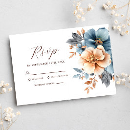 Cartão RSVP Elegante Pó Floral Azul Terracota para Casamento