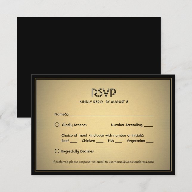 Cartão RSVP Elegante Preto e Dourado com Opções de Refeição (Frente/Verso)