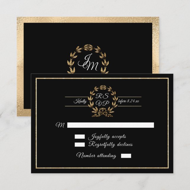 Cartão RSVP Elegante Preto em Dourada Caligrafia por Curva (Frente/Verso)